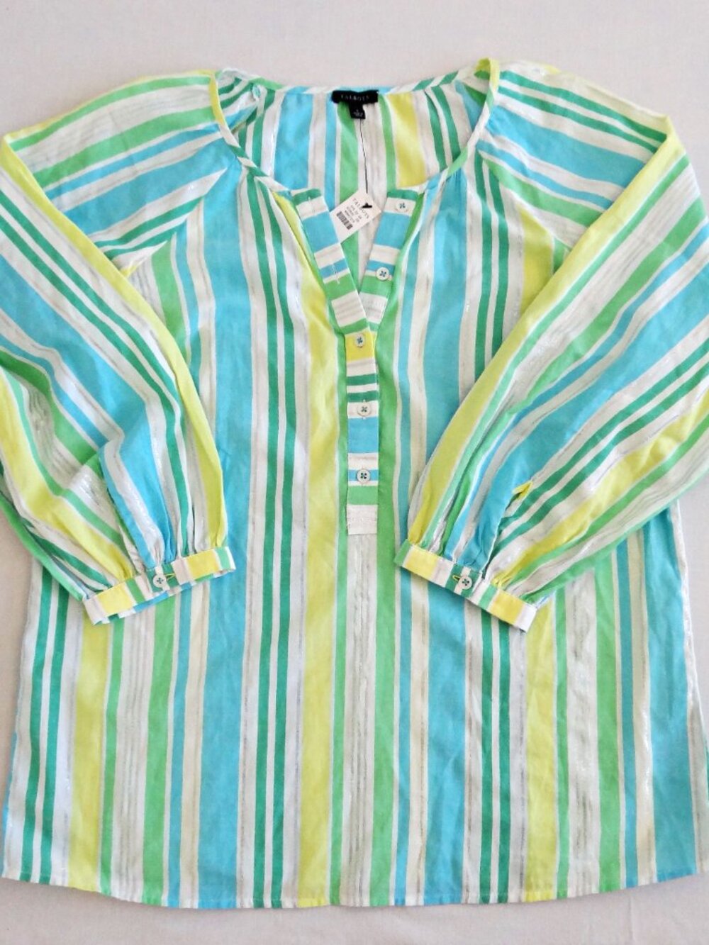 TALBOTS Women's S Sunny Stripe Metallic Popover Blouse 3/4 Sleeves